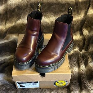 Dr. Martens Burgundy Platform Chelsea Boots with Yellow Stitching